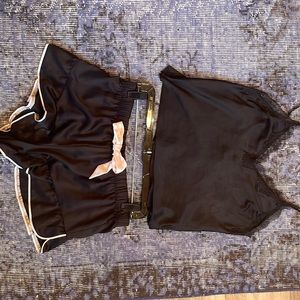 Victoria’s Secret 2 Piece Satin Sleep Set Cami Tank Ruffle Shorts Black Pink S/M